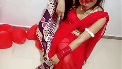 Newly Married Indian Wife In Red Sari Celebrating Valentine With Her Desi Husband